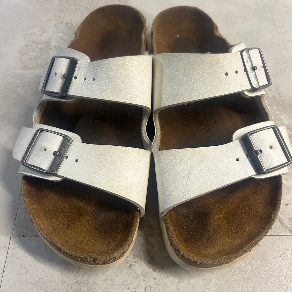 Birkenstock Arizona White Sandals Women Size 5-5.5 Double Strap Cork Slides